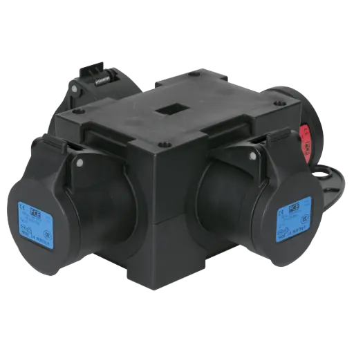 Stroomovergang CEE16 3x400V mannelijk  naar 3 x CEE 16A vrouwelijk